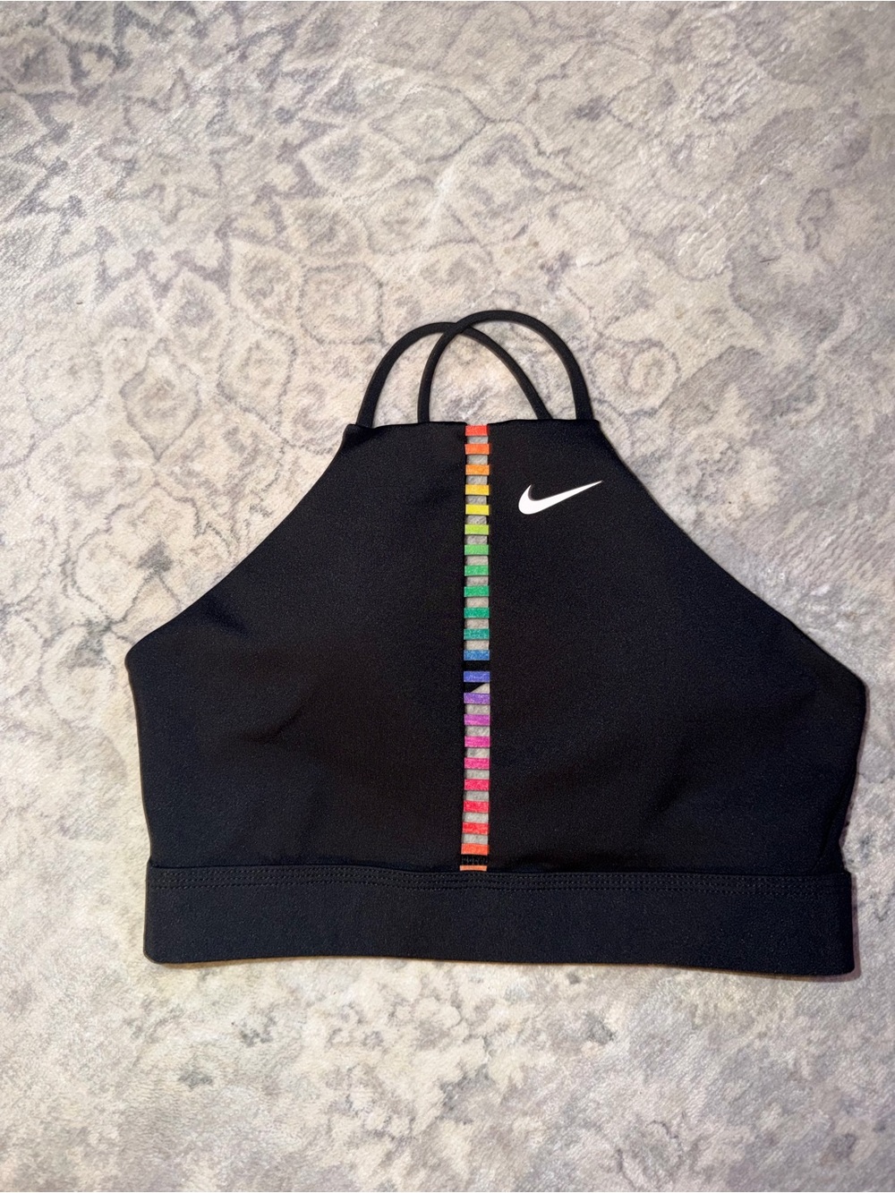 Nike Black High-Neck Sports Bra with Vertical Rainbow Trim